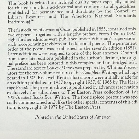 Easton Press "Leaves Of Grass" By Walt Whitman - Collectors Edition (1977) - Picture 4 of 12